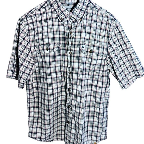 Carhartt tan/blk/red‎ plaid short Sleeve men’s button-up 2front pocket M shirt - Picture 2 of 8